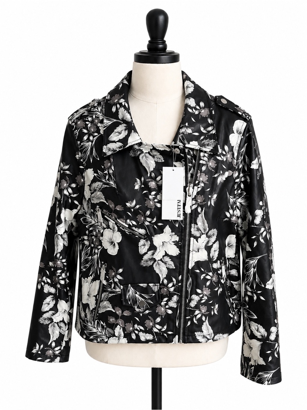JUSTFAB Black and White Floral Faux Leather Jacket